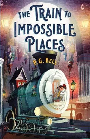 Book cover of "The Train to Impossible Places" by P.G. Bell. An illustrated train with a house on top and other house like features such as a front door on the end and 4 pained windows. At the front of the train is a girl leaning in to the wind ready for adventure. In the background is a vague city with another city scape floating upside down above in the sky. 